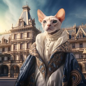 Chat Sphynx en robe de bal devant un magnifique palais de style médiéval 4