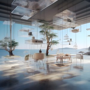 Bâtiment transparent avec la table île au milieu 3
