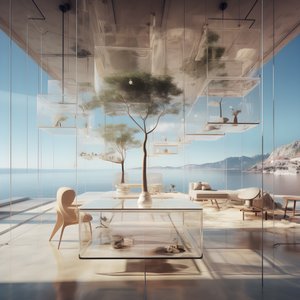 Bâtiment transparent avec la table île au milieu 4