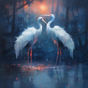 magnifique peinture cinématographique, deux grues s