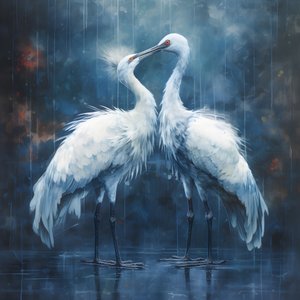 magnifique peinture cinématographique, deux grues s