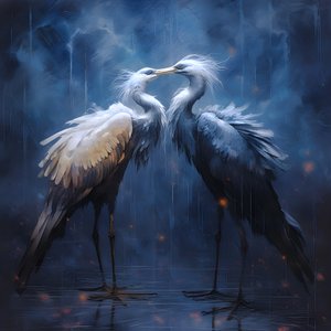magnifique peinture cinématographique, deux grues s