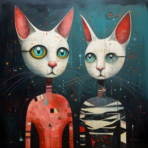 Deux chats anthropomorphes, chat et chatte, Kubrickian Synthetic 3