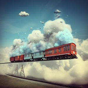un train de médias sociaux en mouvement rapide volant à travers les nuages suspendu par un fil 3