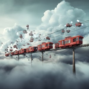 un train de médias sociaux en mouvement rapide volant à travers les nuages suspendu par un fil 4