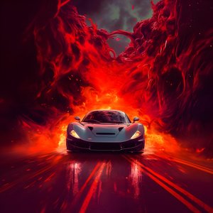 une voiture de luxe est conduite sur un chemin avec un fond rouge lumineux 2