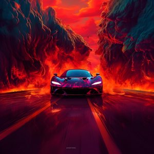 une voiture de luxe est conduite sur un chemin avec un fond rouge lumineux 3