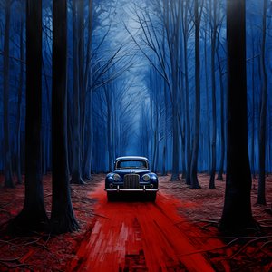 voiture bleue dans une forêt rouge 1