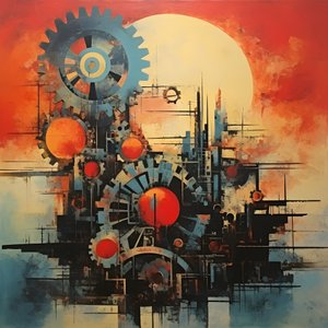 Engrenages et outils lever de soleil abstrait années 1950 2