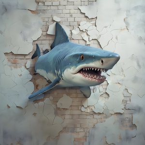 Un requin bleu avec un visage peint sur un vieux mur
