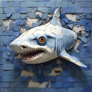 un requin bleu avec un visage peint sur un vieux mur 2