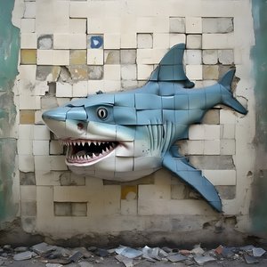 un requin bleu avec un visage peint sur un vieux mur 3