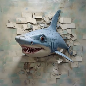 un requin bleu avec un visage peint sur un vieux mur 4