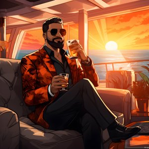 un homme riche, bien habillé, assis sur un yacht privé et buvant un cocktail 3