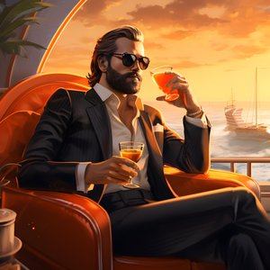 un homme riche, bien habillé, assis sur un yacht privé et buvant un cocktail 4