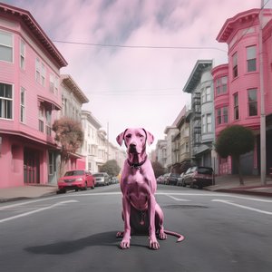 Un chien rose au milieu de la ville de San Francisco 1