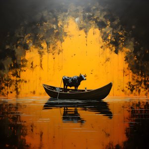 Une vache dans un bateau sur un lac