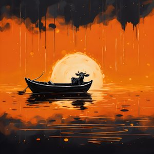 Une vache dans un bateau sur un lac