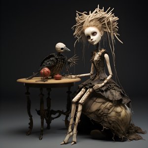 Grande poupée sur une table avec un squelette dessus 2