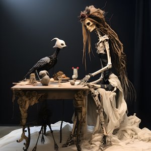 Grande poupée sur une table avec un squelette dessus 3