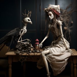 une grande poupée sur une table avec un squelette dessus 3