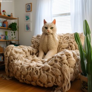 un grand chat crocheté dans un salon réaliste 3