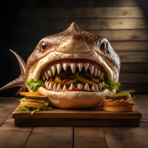 grand cheeseburger à tête de requin avec du bœuf sur une planche en bois 2