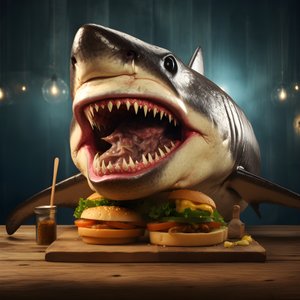 grand cheeseburger à tête de requin avec du bœuf sur une planche en bois 3