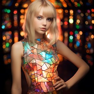 jolie fille blonde de 14 ans portant une robe en vitrail Tiffany colorée
