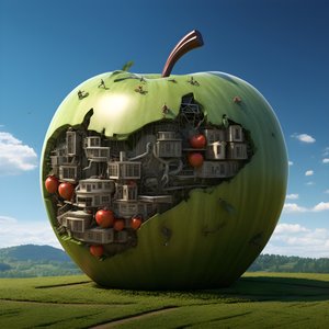 Pomme géante dans un champ avec de nombreuses petites fenêtres 2