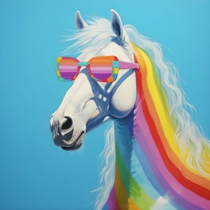 cheval blanc avec lunettes arc-en-ciel sur fond bleu 2