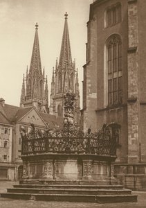 Ratisbonne, La Fontaine (1721) sur la place Neupfarr et la cathédrale - Kurt Hielscher