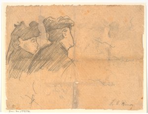 Étude de profil de deux têtes de femmes avec chapeau