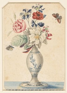 Petit vase avec fleurs et papillon gris-jaune