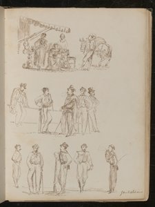 Étal de fruits sous un auvent avec des femmes et un homme fumant, étude de cinq messieurs, étude de cinq soldats étiquetés 