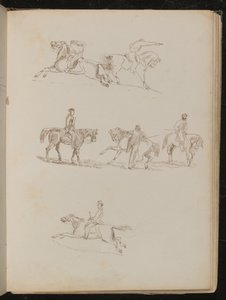 Six études de chevaux avec divers cavaliers masculins dans diverses poses, un avec un pistolet levé
