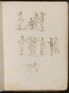 Études de groupes de soldats avec des armes au repos inscrites 