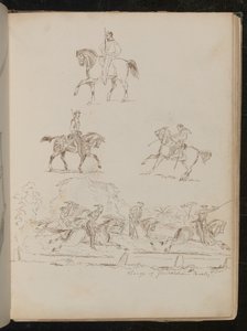 Études de soldats à cheval, la scène de groupe est inscrite 