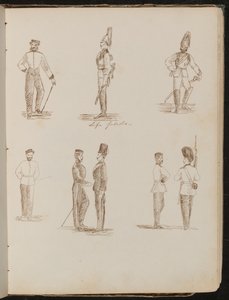 Huit études de soldats debout en uniforme, inscrites "Gardes de la Vie" - Lady Butler