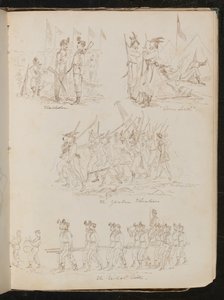 Quatre scènes de bataillon inscrites "Wimbledon", "Down South", "The Yankee Volunteers", "The British Ditto" avec une variété de types de soldats
