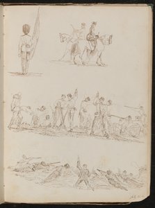 Quatre études de soldats, femmes à cheval et batailles
