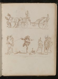 Officier en grande tenue avec haut-de-forme et épaulettes montant dans une calèche tirée par des chevaux, étude de six soldats méditerranéens et d