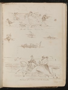 "Sur la Parade, un jour venteux", bateaux avec des excursionnistes, cavaliers inscrits "chevauchant avec le maître"