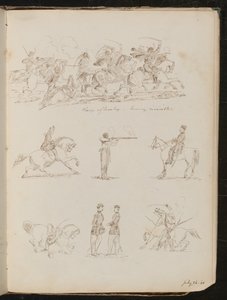 Sept études de batailles de cavalerie, soldats et une femme à cheval