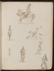 Six études de soldats, un à cheval inscrit "les Bleus", petite étude de cheval de face