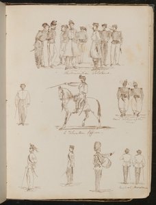 Études de huit soldats inscrites "Soldats piémontais", "un officier volontaire", deux "soldats français à la ligne" - Lady Butler