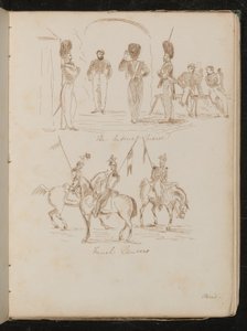 Études de soldats inscrites "Imperial Guards", soldats avec drapeaux à cheval inscrits "French Lancers" - Lady Butler