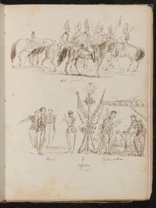 Étude de soldats à cheval inscrite "Life Guards", étude de groupes de soldats avec drapeaux, fumant et buvant
