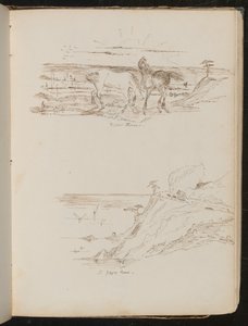 Étude de deux chevaux dans un paysage inscrit "Chevaux sauvages", étude de scène côtière et de falaise inscrite "une route en zigzag" - Lady Butler