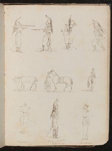Dix études de soldats, chevaux, femme montant en amazone